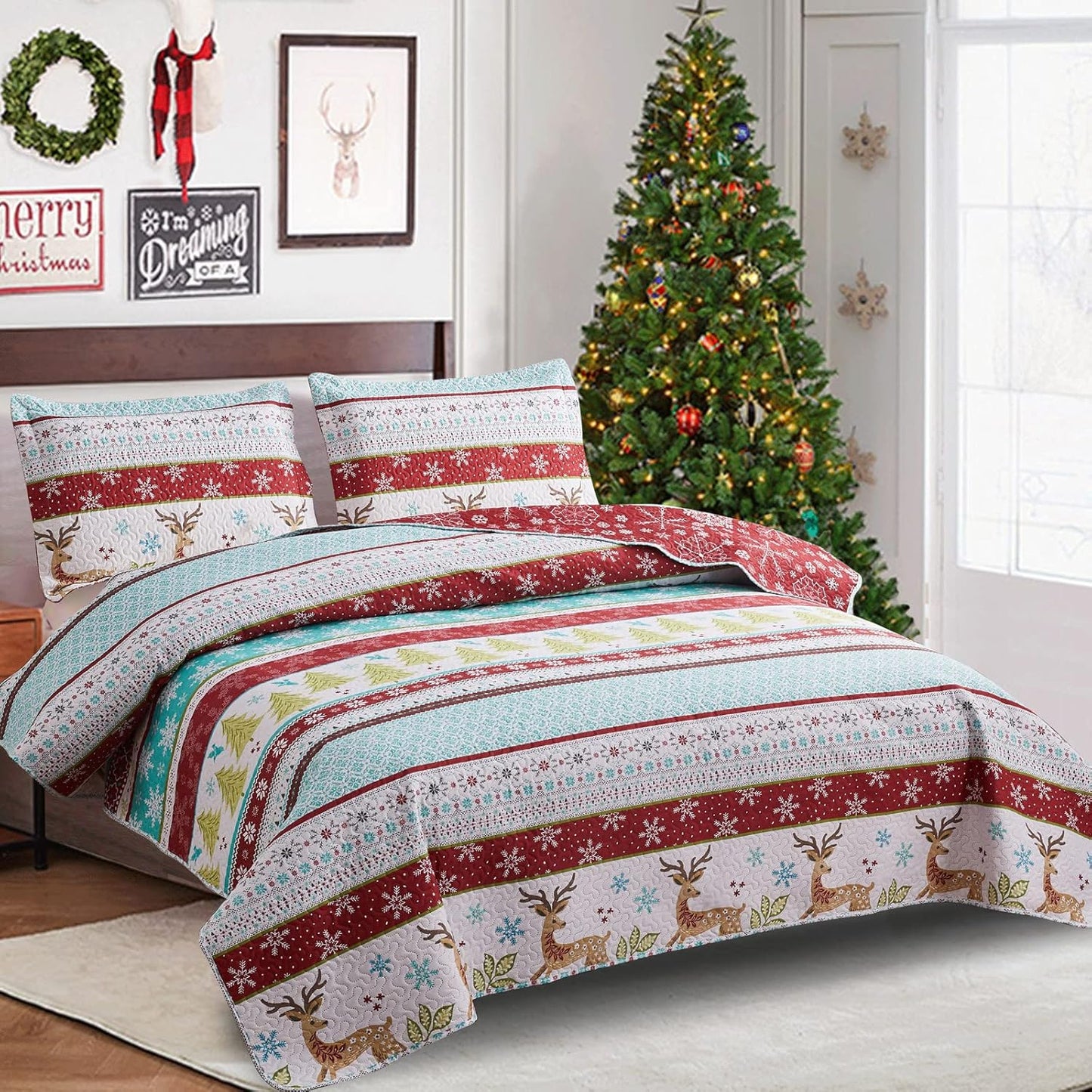 Reversible Xmas Quilts Full/Queen Size Christmas Bedding Bedspread Lodge Cabin Moose Coverlet Lightweight Rustic Reindeer Elk Snowflake Bed Set Red Blue Green Stripe Quilt Set
