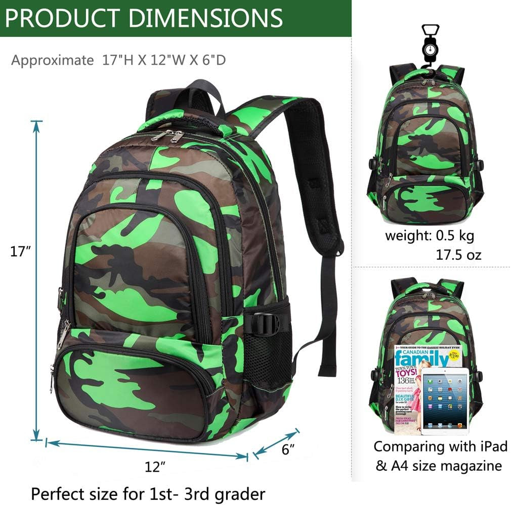 Kids Backpacks for Boys Girls Elementary Primary Middle School Bookbags Back to School Bags for Childs Age 6-8 Mochilas Escolares Para Niños Niñas 17 Inch Black/Green