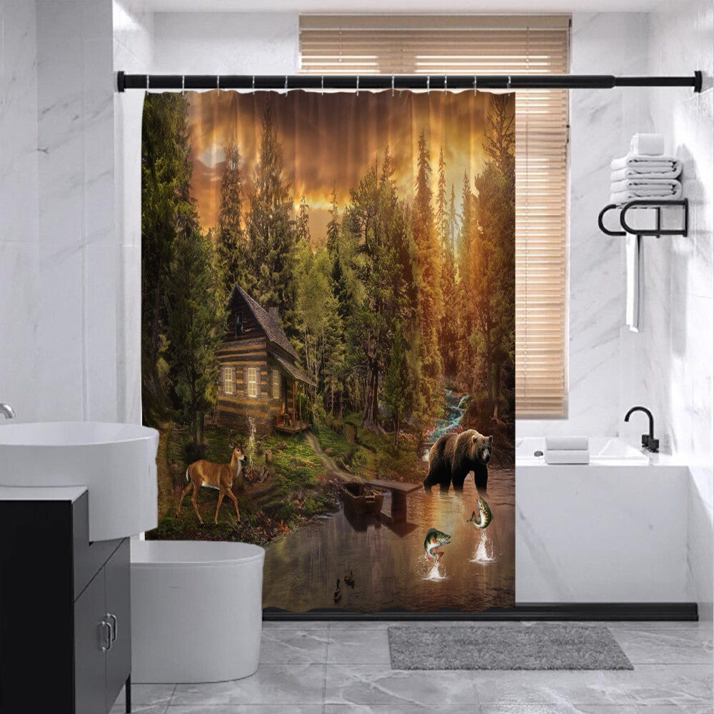 Rustic Bear Shower Curtain Cabin Lodge Deer Lake Forest Hunting Fishing Decor