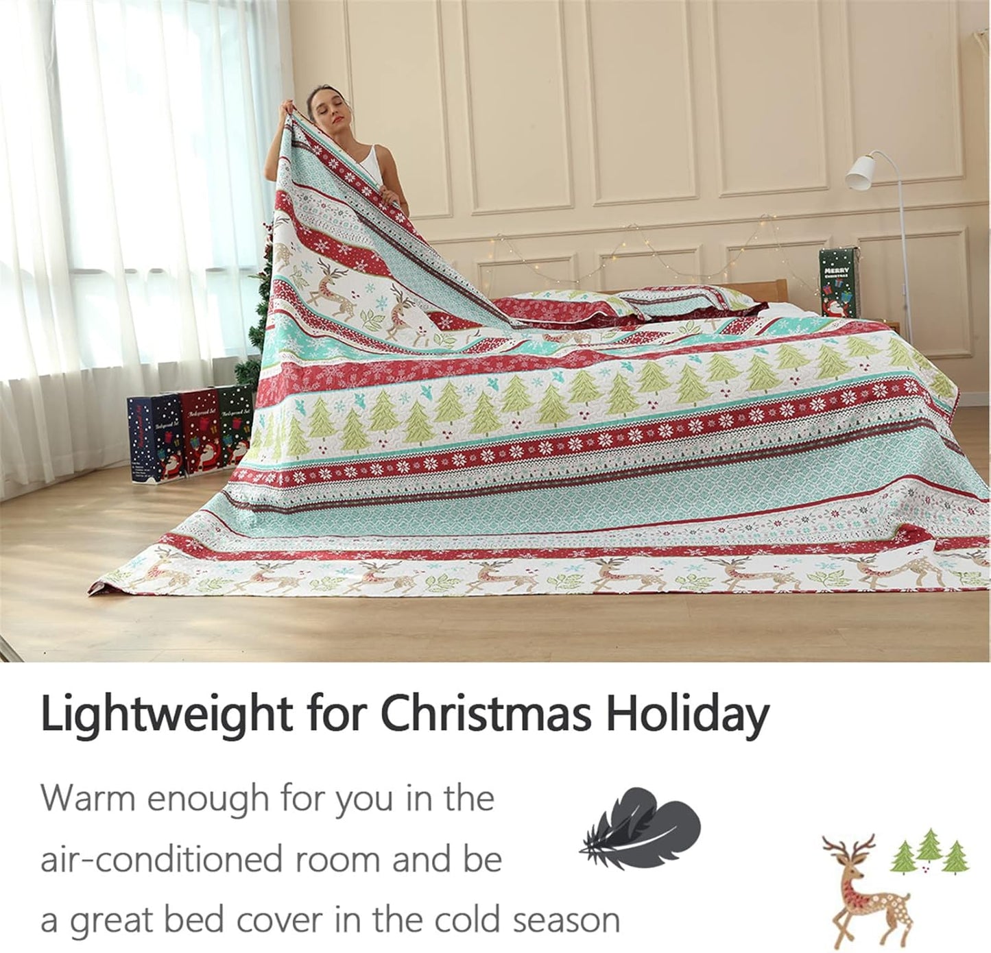 Reversible Xmas Quilts Full/Queen Size Christmas Bedding Bedspread Lodge Cabin Moose Coverlet Lightweight Rustic Reindeer Elk Snowflake Bed Set Red Blue Green Stripe Quilt Set