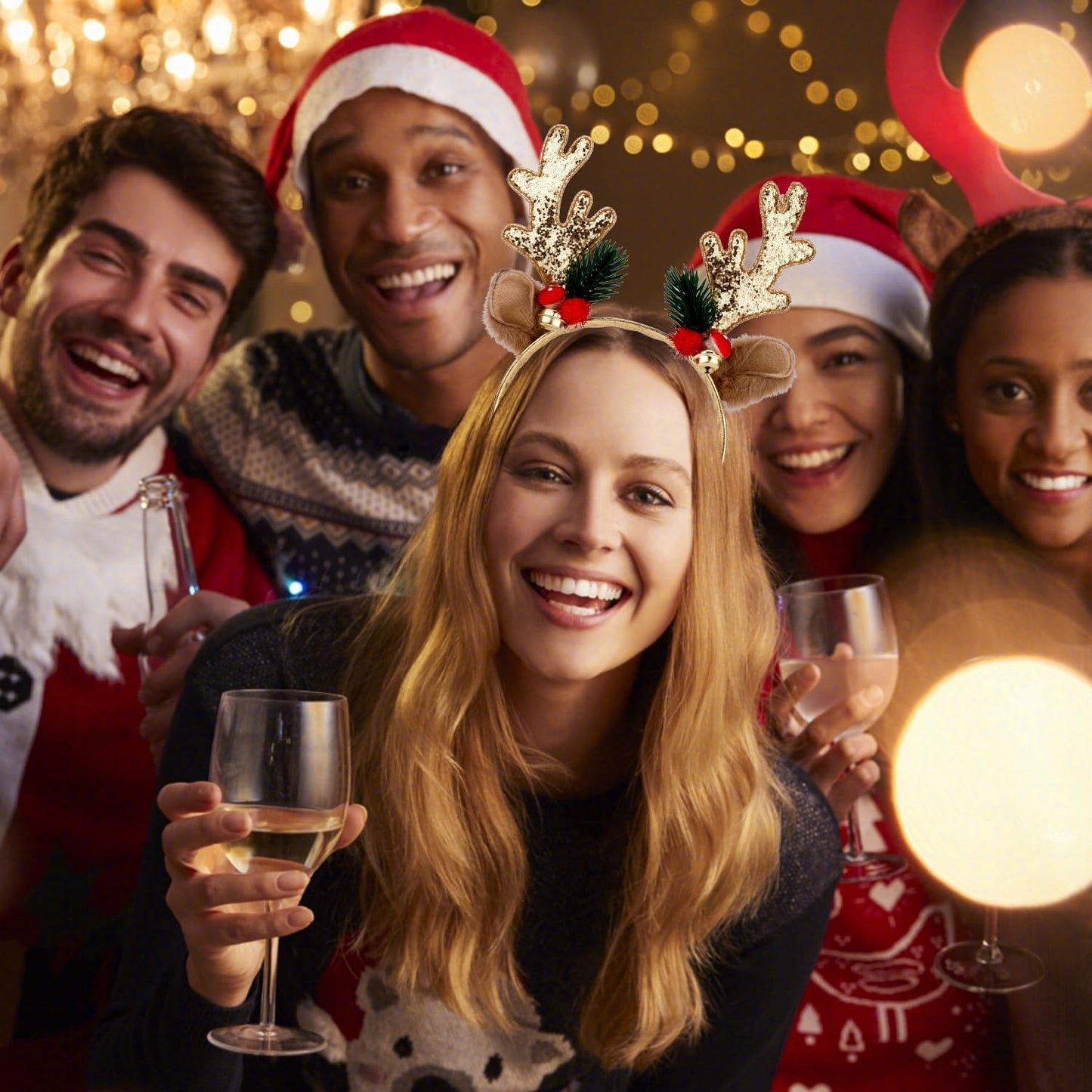 Christmas Reindeer Antlers Headband, Gold Deer Antlers Hair Hoop with Jingle Bells Glitter Antler Ears Headband Xmas Costume for Women Girls