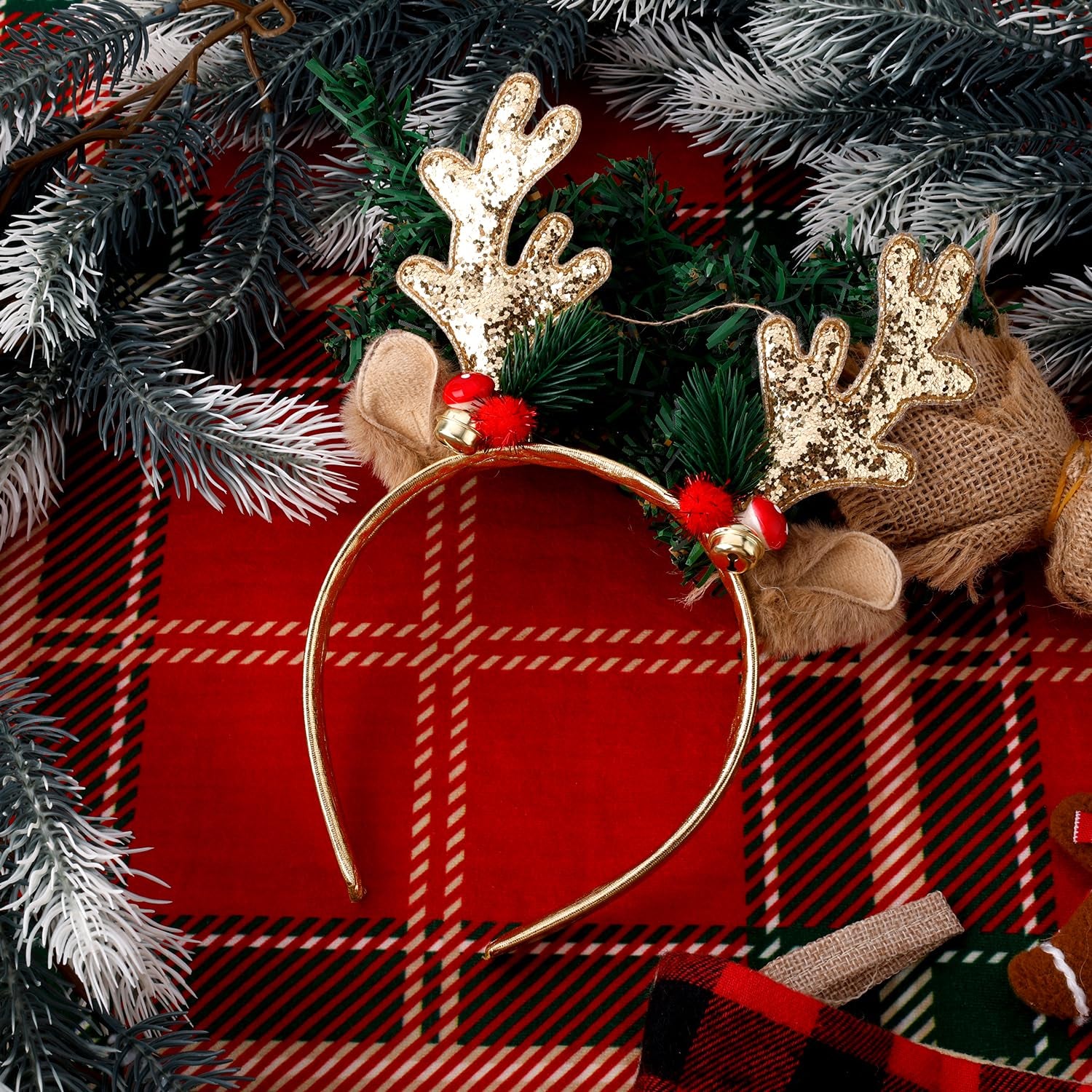 Christmas Reindeer Antlers Headband, Gold Deer Antlers Hair Hoop with Jingle Bells Glitter Antler Ears Headband Xmas Costume for Women Girls