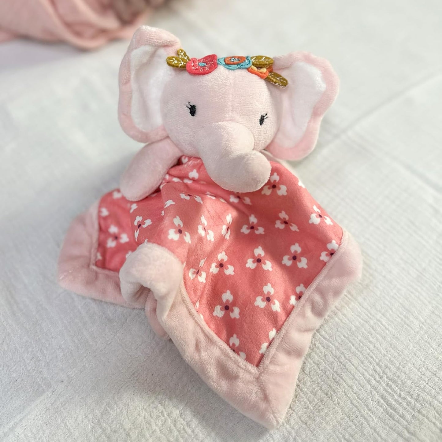 '- Baby Elephant Security Blanket - Soft and Cuddly Lovey - Plush - Pink, White - Nursery Gift