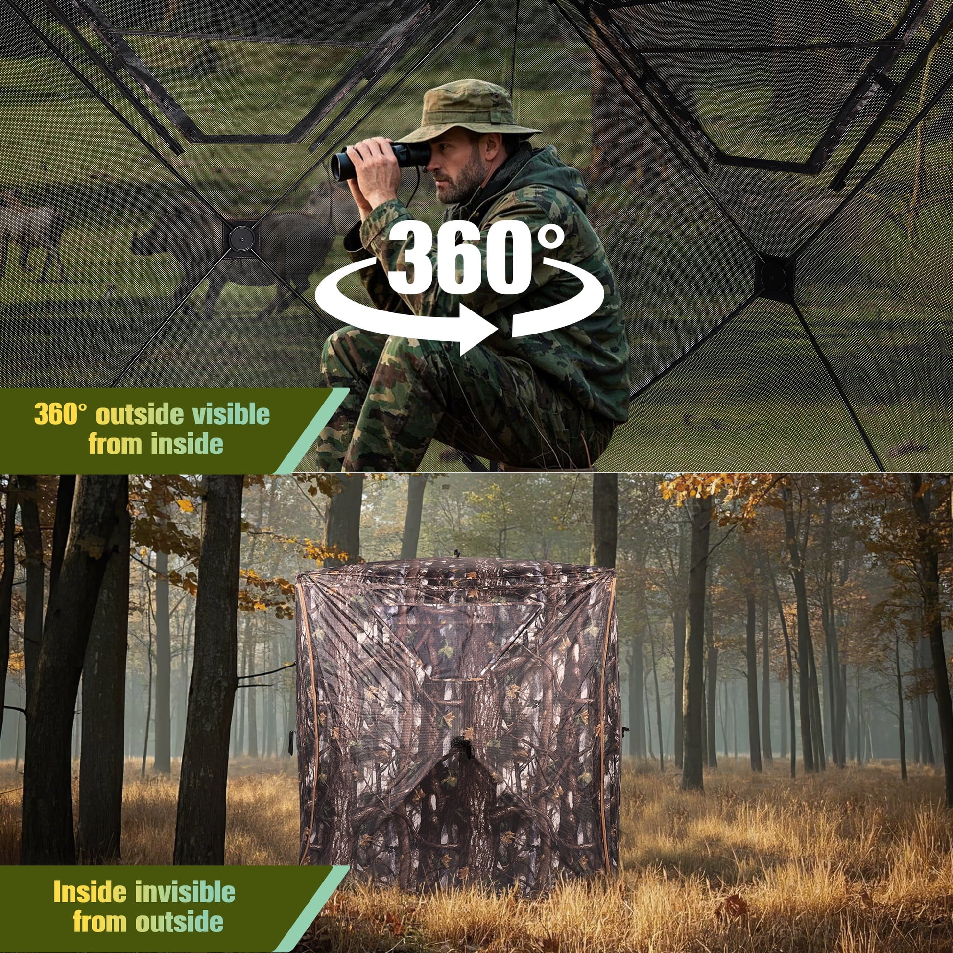 360° See through Ground Hunting Blind for 2 Persons,300D Pop up Resilient Portable Tent with Up-Downside Door and Carrying Bag for Deer Turkey