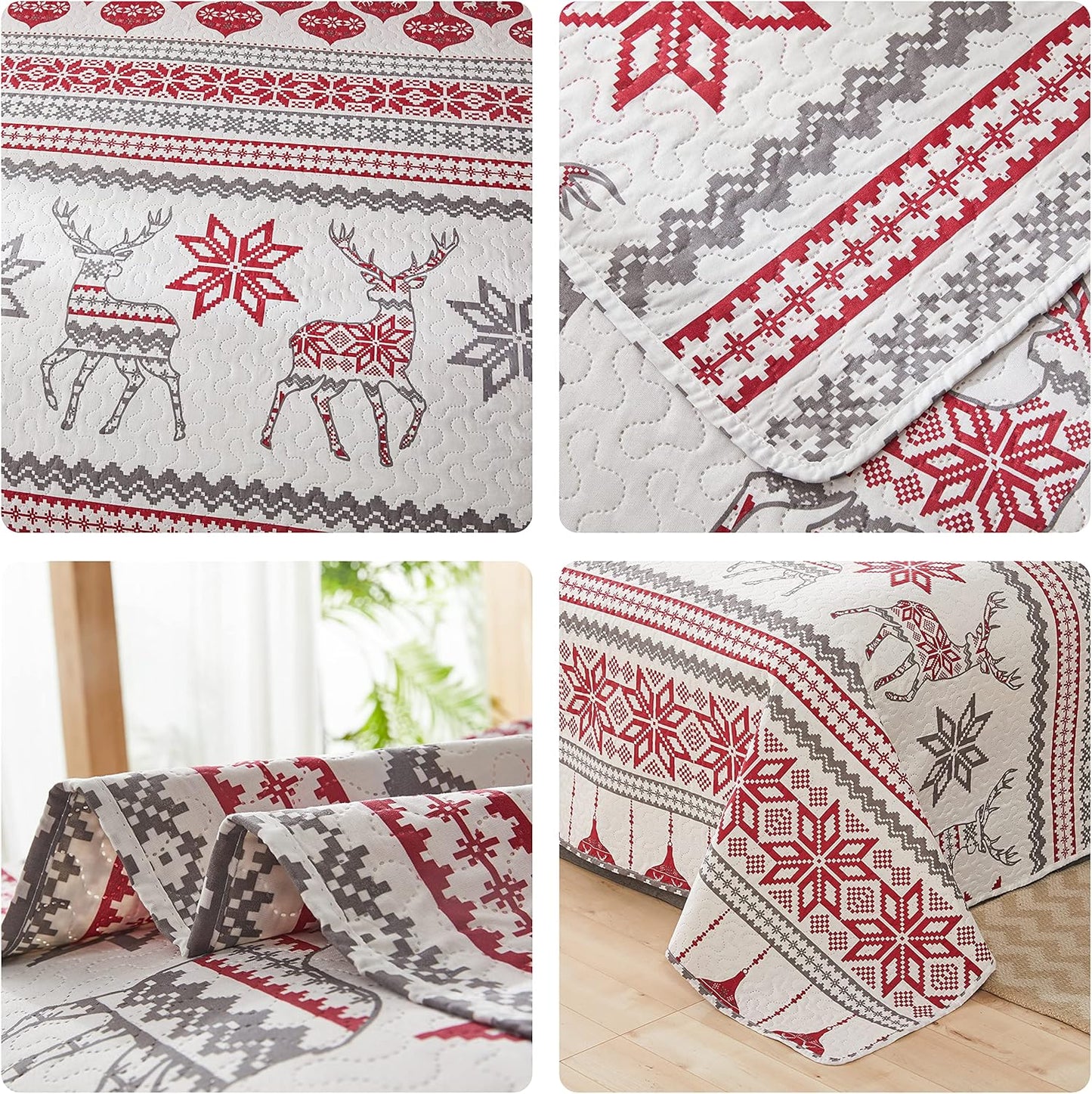 Christmas Quilt Set Queen Size 3-Piece Xmas Bedspread Coverlet with Reindeer Pattern for New Year Bed Decor, Lightweight Soft Comforter Bedding Cover for All Season(1 Quilt + 2 Pillow Shams)