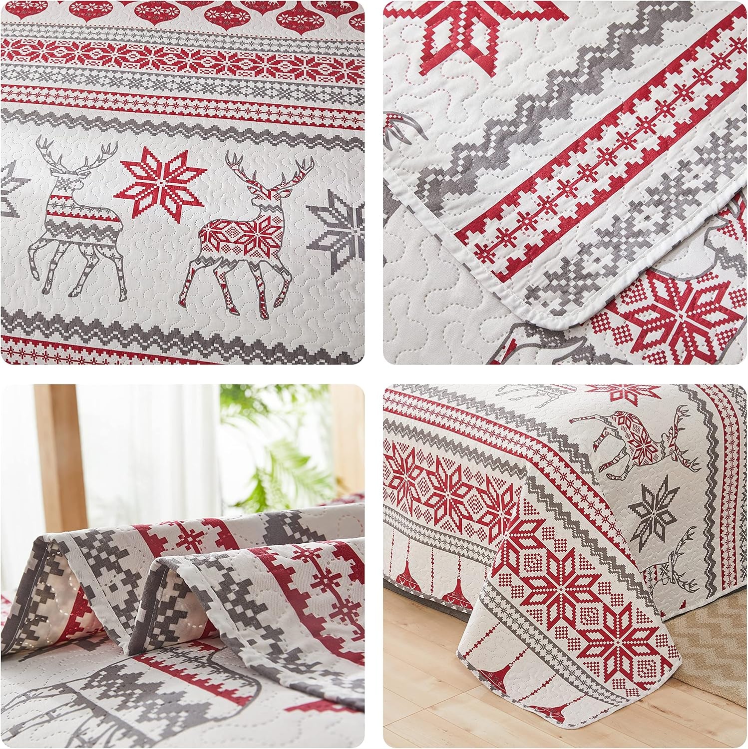 Christmas Quilt Set Queen Size 3-Piece Xmas Bedspread Coverlet with Reindeer Pattern for New Year Bed Decor, Lightweight Soft Comforter Bedding Cover for All Season(1 Quilt + 2 Pillow Shams)