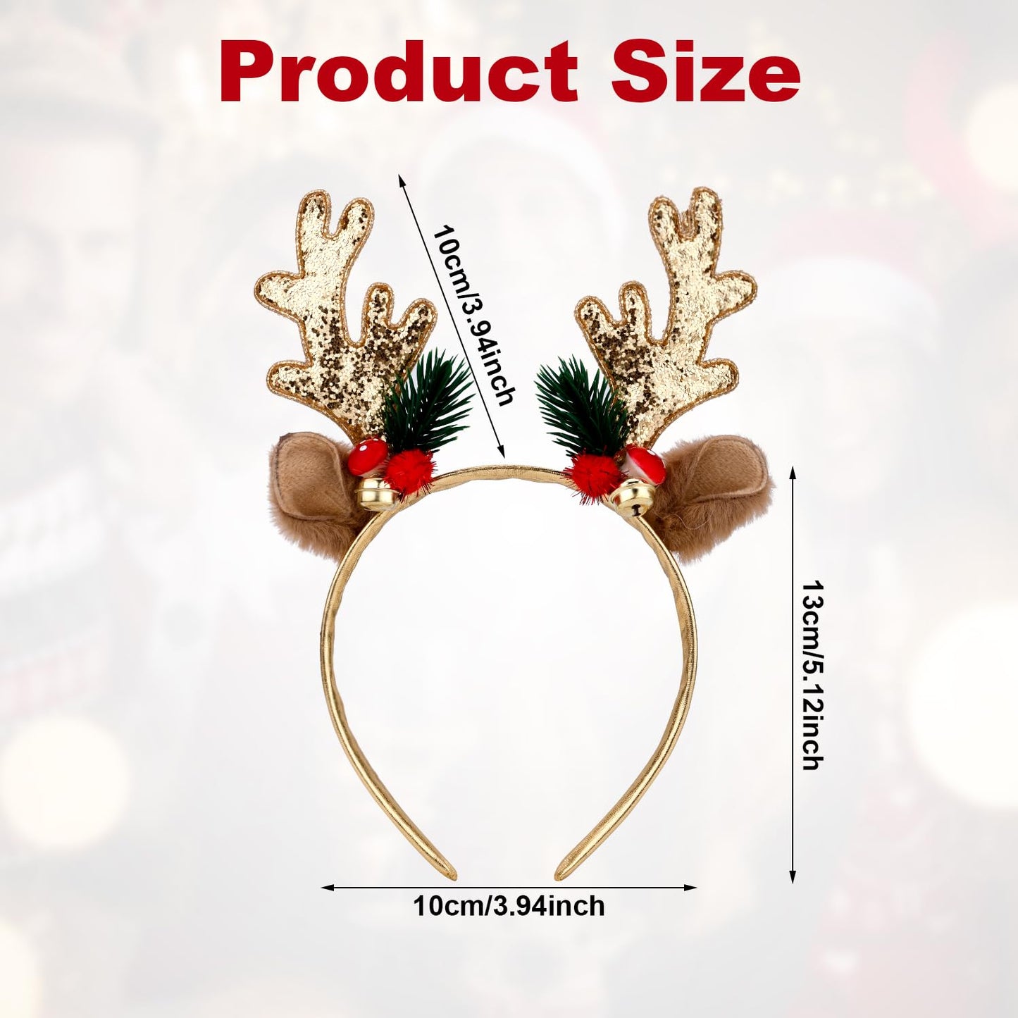 Christmas Reindeer Antlers Headband, Gold Deer Antlers Hair Hoop with Jingle Bells Glitter Antler Ears Headband Xmas Costume for Women Girls