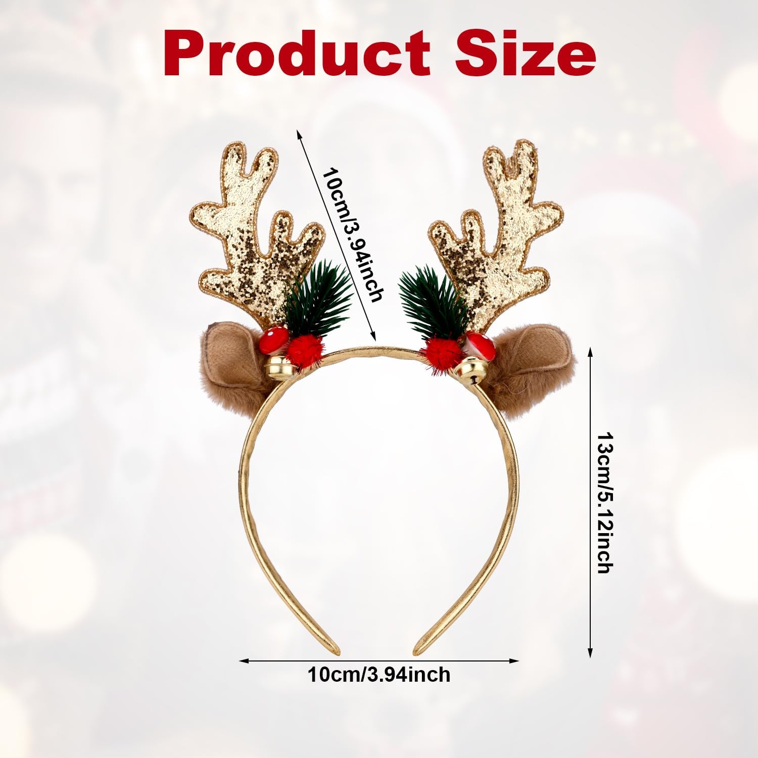 Christmas Reindeer Antlers Headband, Gold Deer Antlers Hair Hoop with Jingle Bells Glitter Antler Ears Headband Xmas Costume for Women Girls