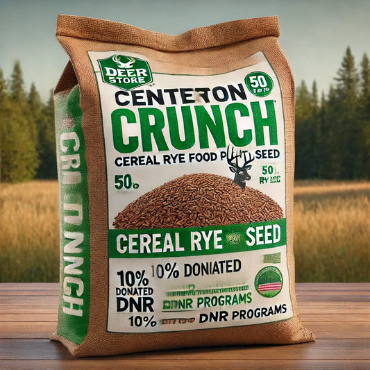 A bag of Centerton Crunch cereal rye food plot seed with a green label, indicating it is sold by The Deer Store for wildlife feeding.