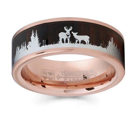 Mens Rose Goldtone Tungsten Hunting Ring Wedding Band Wood Inlay Deer Stag Silhouette 9