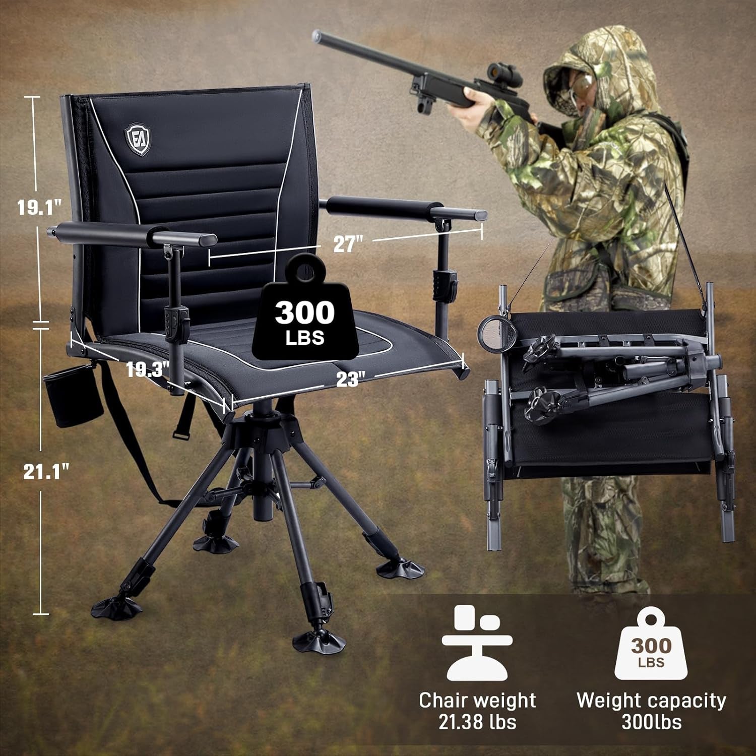 360° Silent Swivel Hunting Chair for Blinds, Adjustable Folding Hunting Seats for Outdoor Activities, Fishing, Support 300Lbs, Black