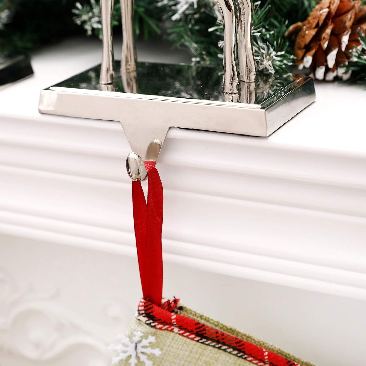 Christmas Reindeer Stocking Hanger for Mantel, Metal Silver Reindeer Stocking Holder for Fireplace and Christmas Party Decoration Deer Xmas Mantel Hooks (Set of 2)