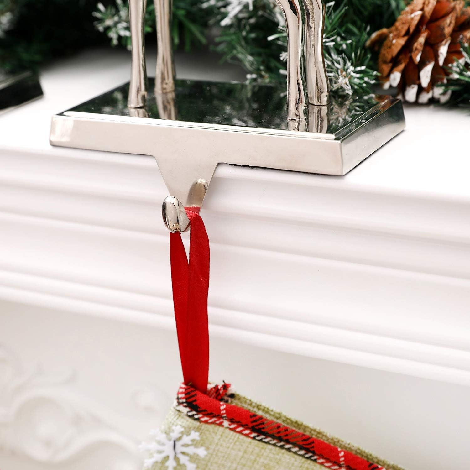 Christmas Reindeer Stocking Hanger for Mantel, Metal Silver Reindeer Stocking Holder for Fireplace and Christmas Party Decoration Deer Xmas Mantel Hooks (Set of 2)