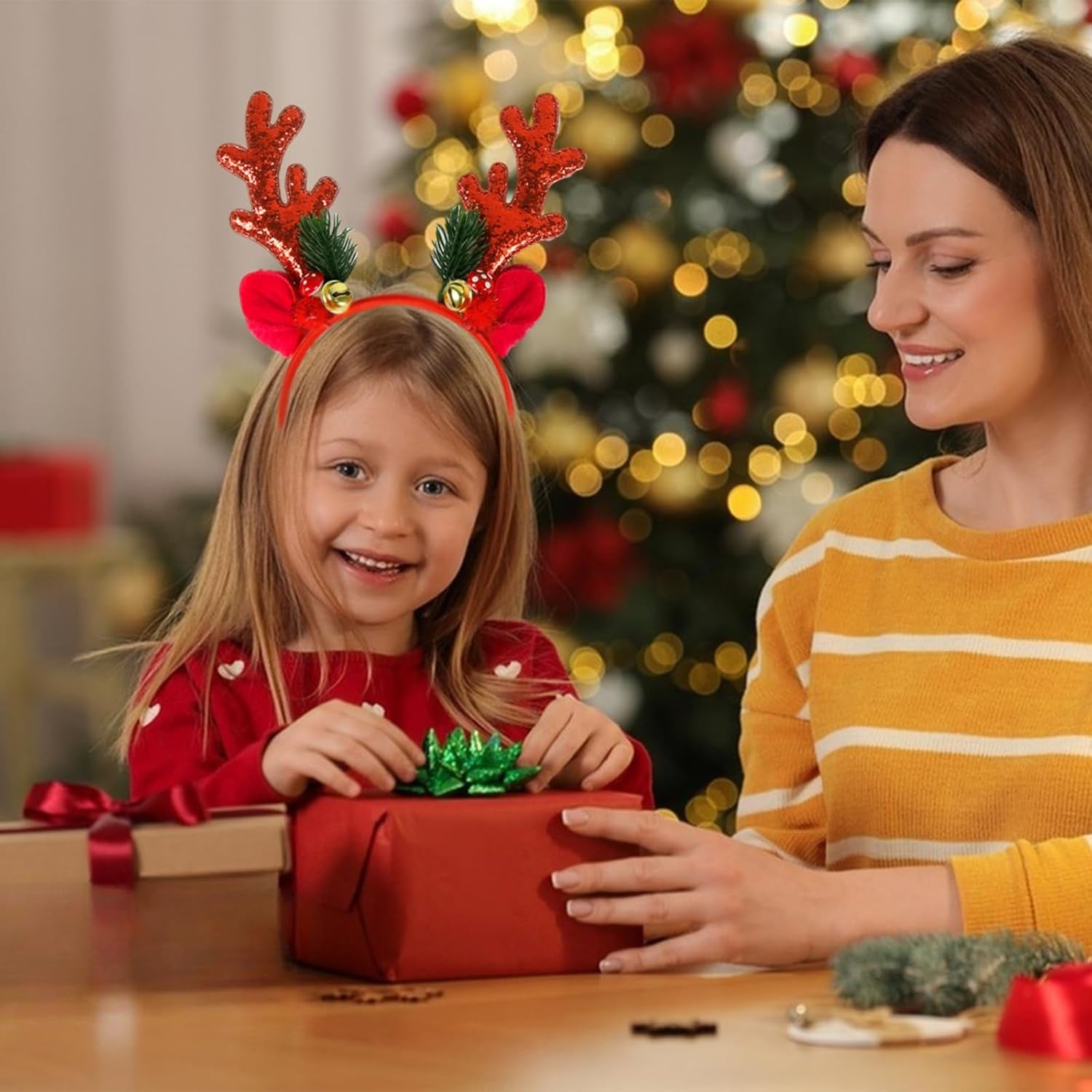 Christmas Antler Headband Glitter Reindeer Hair Bands Deer Ears Cute Christmas Hair Accessories for Women Girls Xmas Festival Holiday Party Supplies (Red)