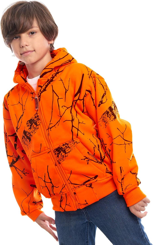 by Treel Kids Orange Safety Full Zip High Visibility Thick Fleece Hoodie Sweatshirt Hunting Jacket