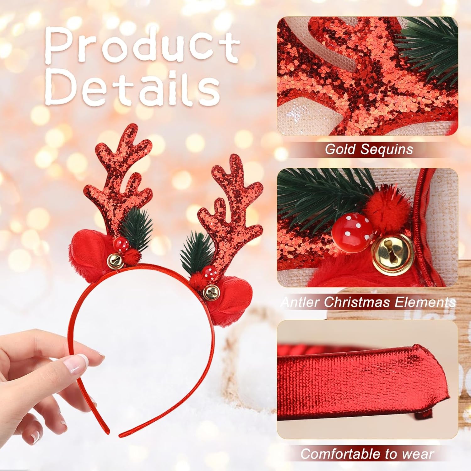Christmas Antler Headband Glitter Reindeer Hair Bands Deer Ears Cute Christmas Hair Accessories for Women Girls Xmas Festival Holiday Party Supplies (Red)
