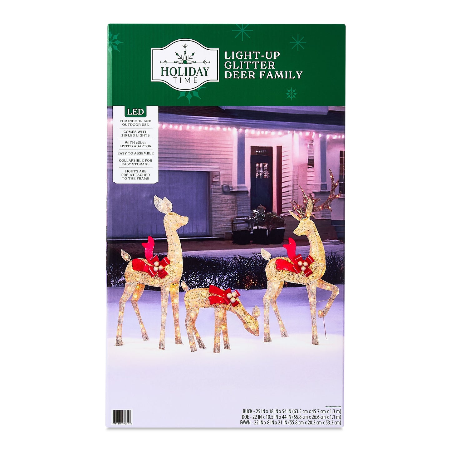 Indoor/Outdoor Light-Up Glitter Deer Family Christmas Decoration with 210 LED Lights, Warm White, Set of 3, by