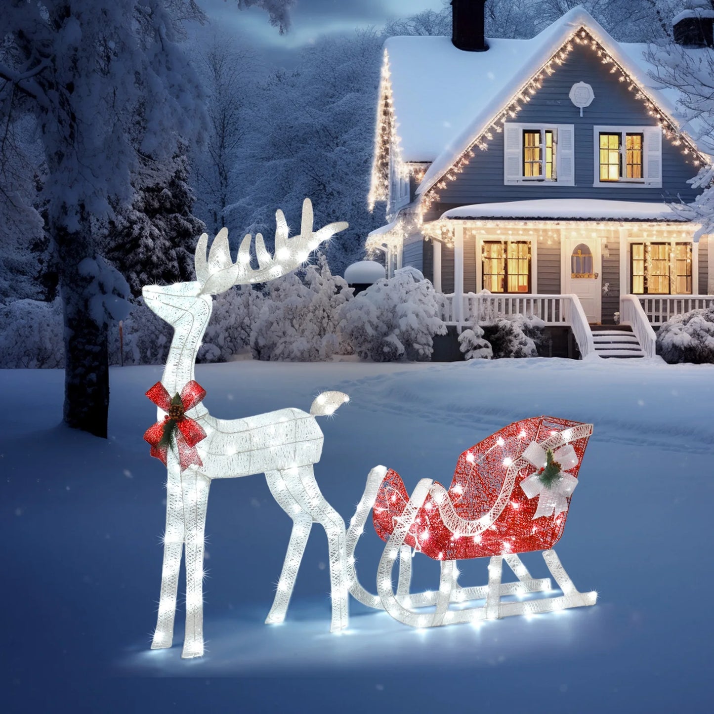 3D Lighted Christmas 4Ft Reindeer & Sleigh Set Outdoor Yard Decoration LED Lights - Silver