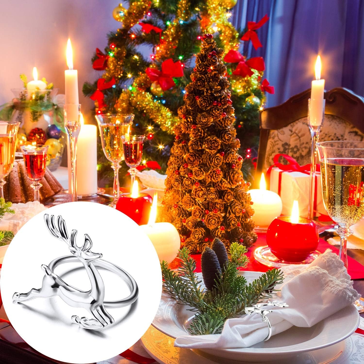 6 Pieces Deer Napkin Rings Christmas Antler Napkin Ring Holders Reindeer Napkin Buckle for Cloth Napkins Holiday Dinners Parties, Wedding Adornment, Table Decoration Accessories (Silver)