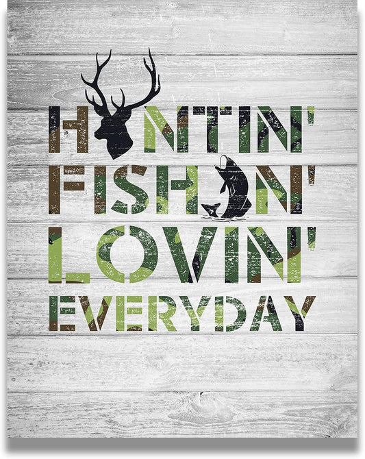Hunting and Fishing Wall Art, Rustic Hunting Cabin Farmhouse Wall Decor, Room Decor Gift for Hunters and Fishermen, Fish and Deer Decoration