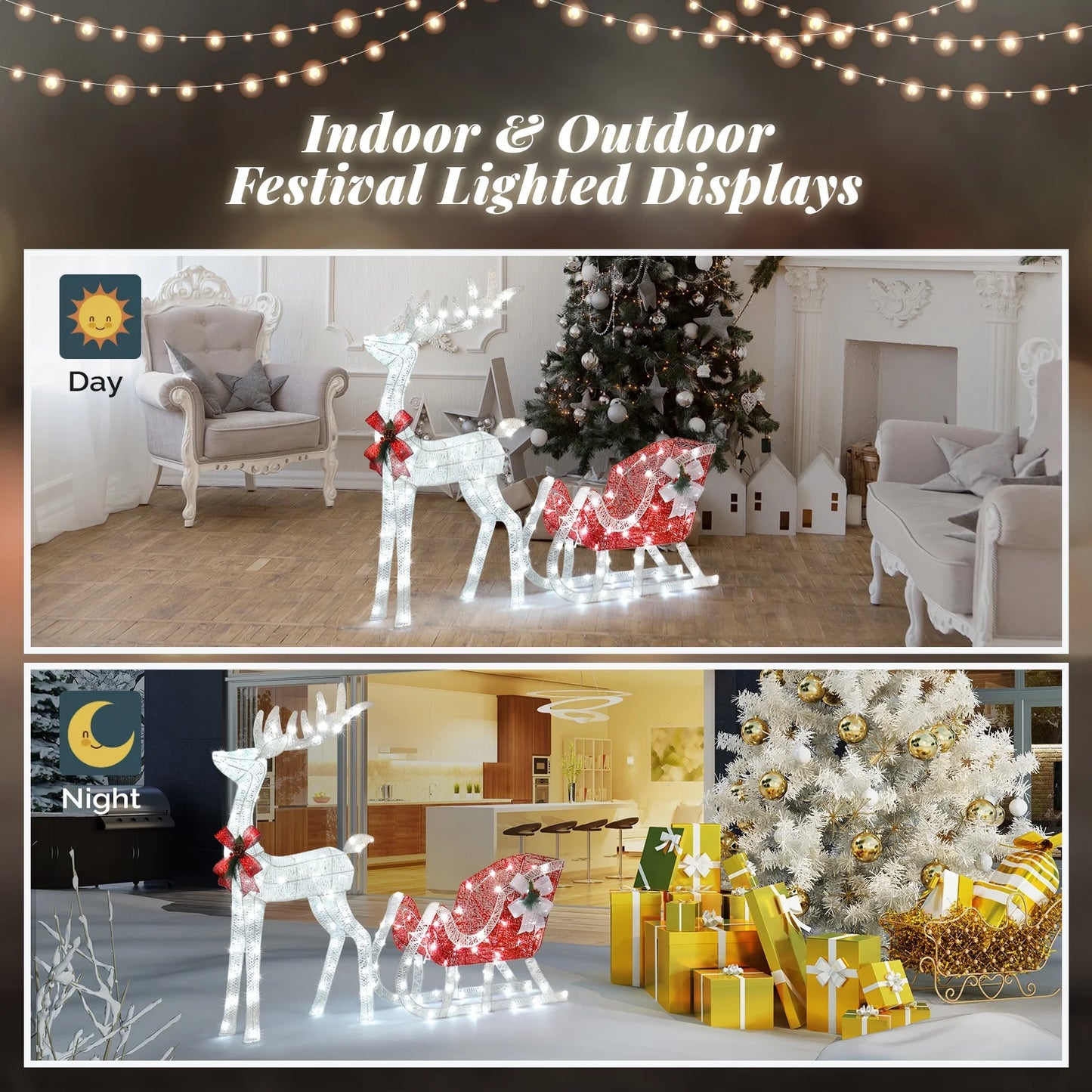 3D Lighted Christmas 4Ft Reindeer & Sleigh Set Outdoor Yard Decoration LED Lights - Silver