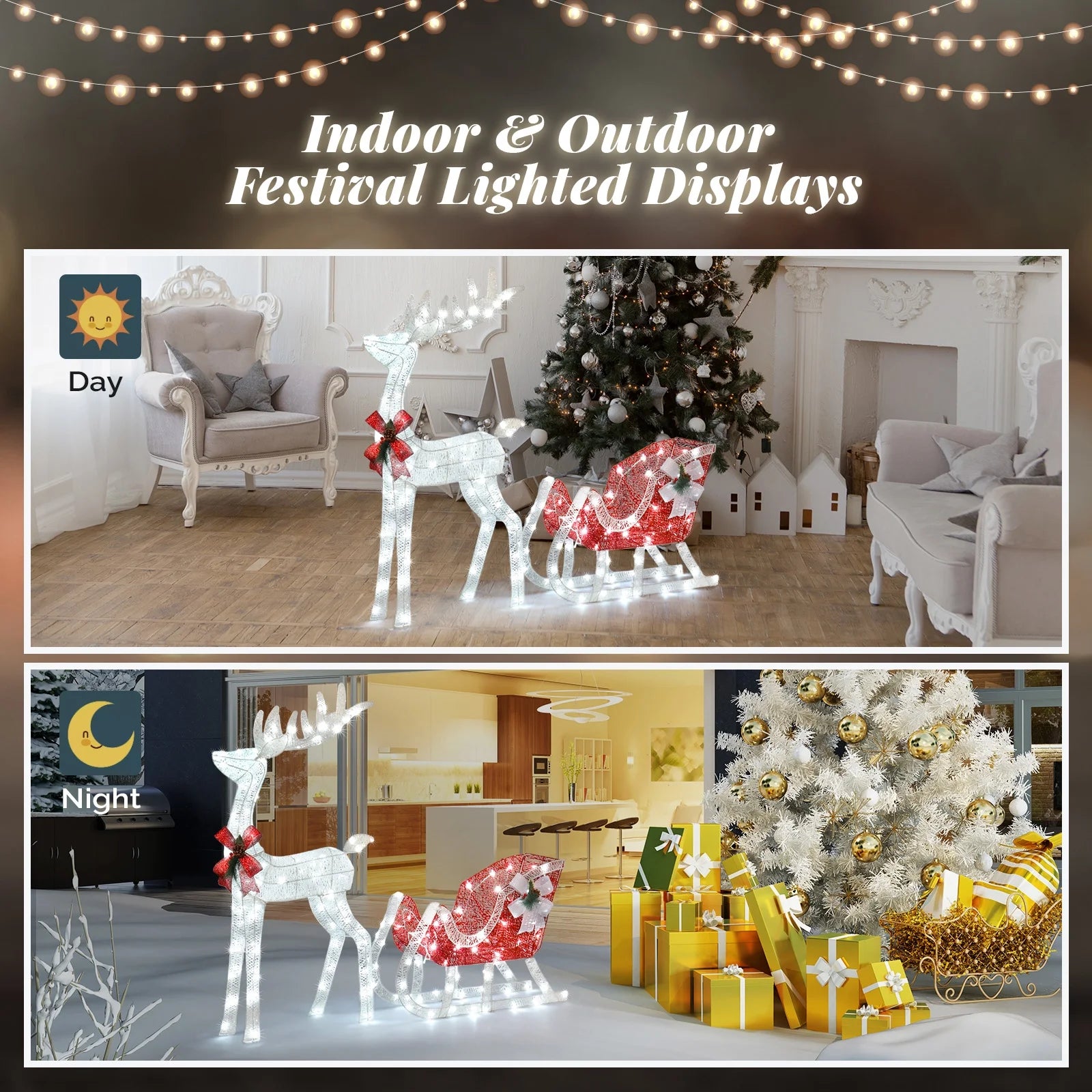 3D Lighted Christmas 4Ft Reindeer & Sleigh Set Outdoor Yard Decoration LED Lights - Silver