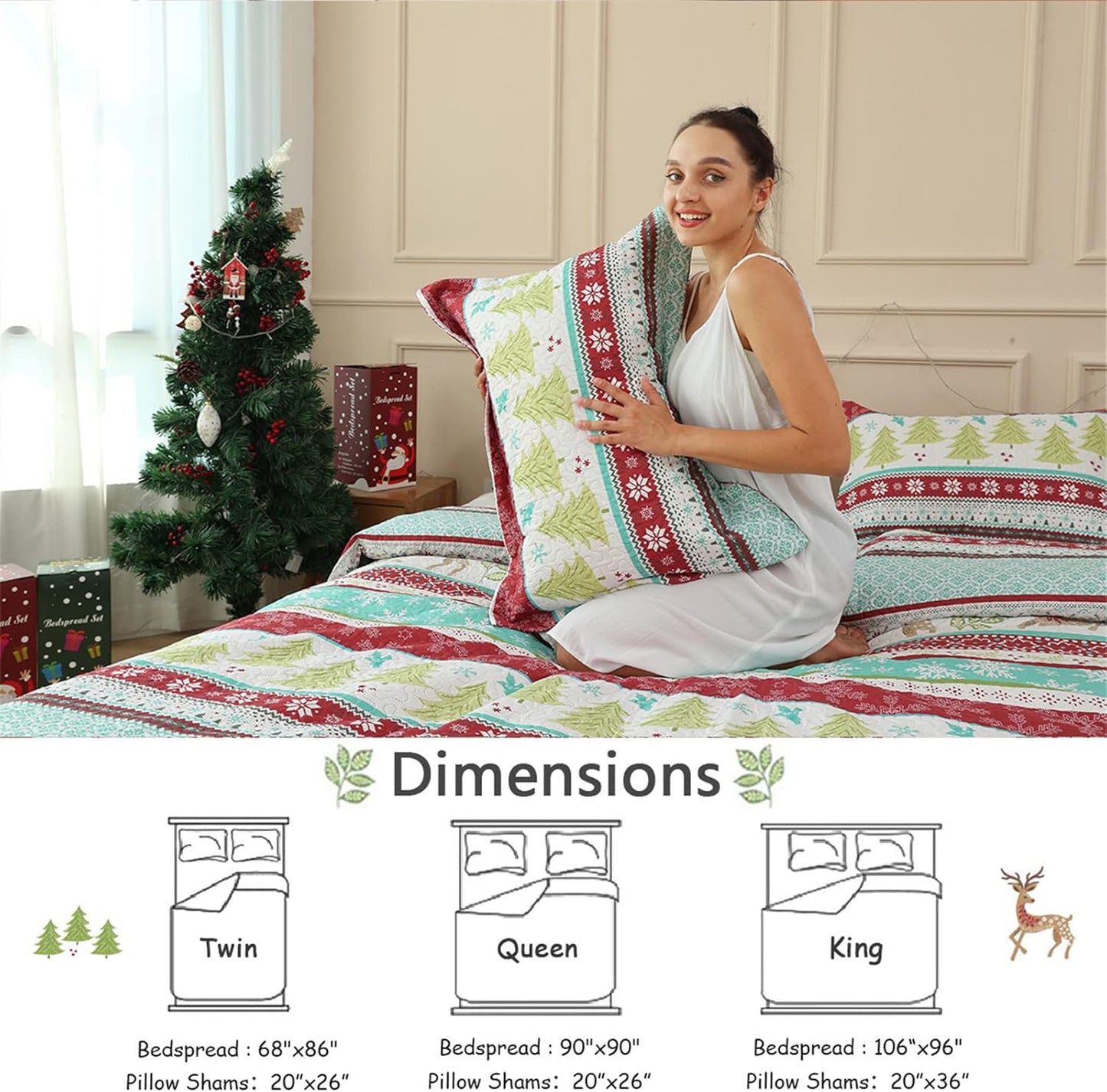 Reversible Xmas Quilts Full/Queen Size Christmas Bedding Bedspread Lodge Cabin Moose Coverlet Lightweight Rustic Reindeer Elk Snowflake Bed Set Red Blue Green Stripe Quilt Set