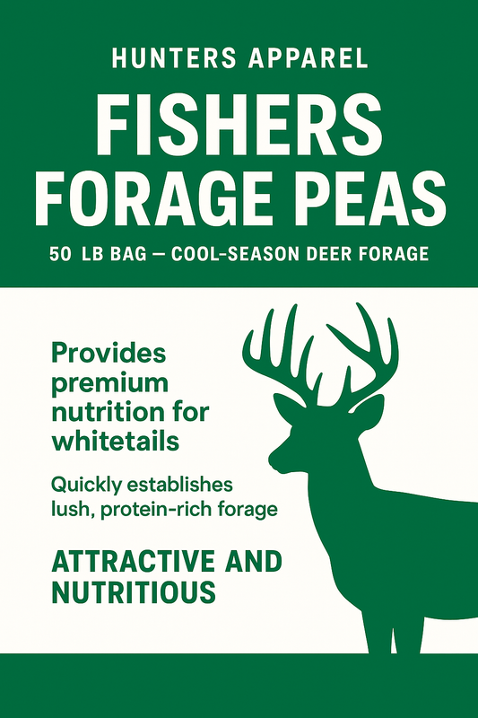 Hunters Apparel Fishers Forage Peas packaging with a deer silhouette on a green background