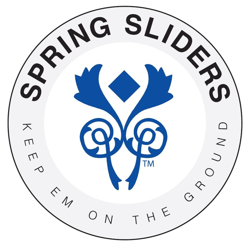 Logo of Spring Sliders with blue floral design and text on a white background