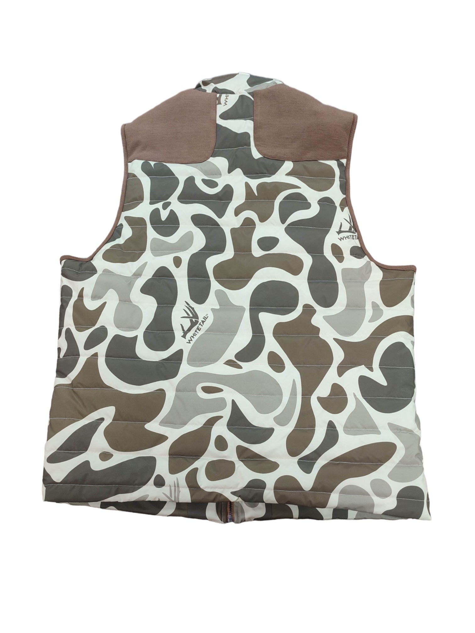 zip up snow camo vest back side with white background